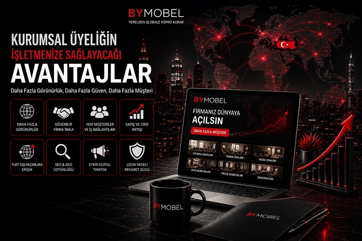 BYMOBEL Kurumsal Üyelik Sistemi sayesinde mobilya üreticileri, ihracatçılar ve mobilya mağazaları yurt içi ve yurt dışındaki yeni müşterilere ulaşır, SEO ve GEO uyumlu dijital görünürlük kazanır.