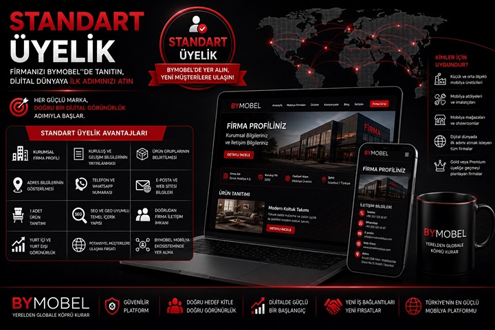 BYMOBEL Standart Üyelik sistemi ile mobilya üreticileri, mağazaları ve ihracatçı firmalar için dijital görünürlük, firma tanıtımı ve yeni müşteri kazanımını gösteren kurumsal görsel.