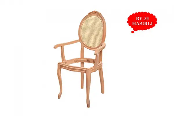 Hasırlı Oymalı Lukens Kollu Madalyon Ahşap Sandalye İskeleti