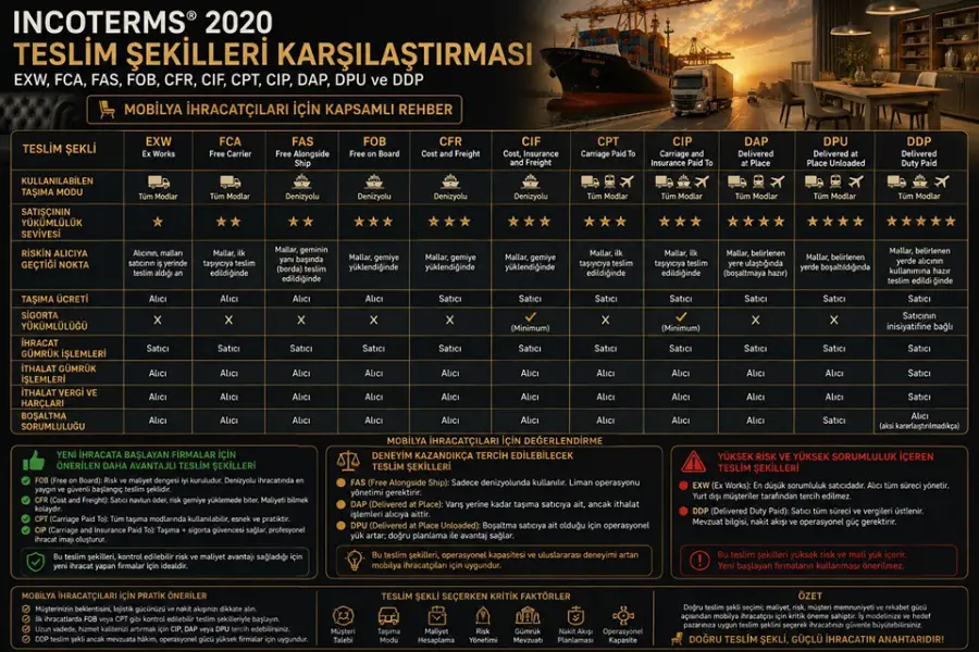 Incoterms® 2020 Teslim Şekilleri Karşılaştırması (EXW, FCA, FAS, FOB, CFR, CIF, CPT, CIP, DAP, DPU ve DDP)